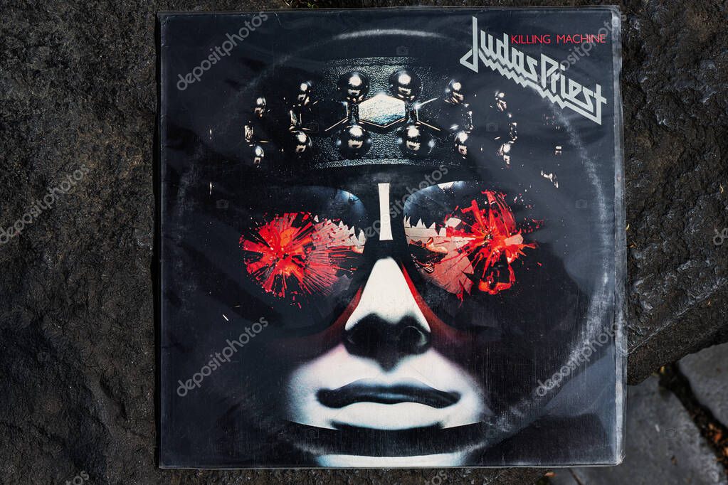 Lviv, Ukraine - May 13, 2025: Close-up of Judas Priest 1978 Killing Machine or Hell Bent for Leather album with iconic rock artwork