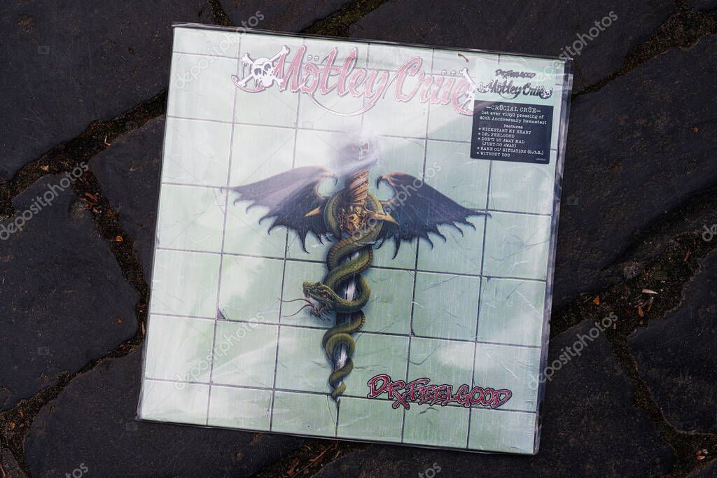 Lviv, Ukraine - May 13, 2025: Vinyl record of Motley Crue 1989 Dr. Feelgood album with detailed cover art.