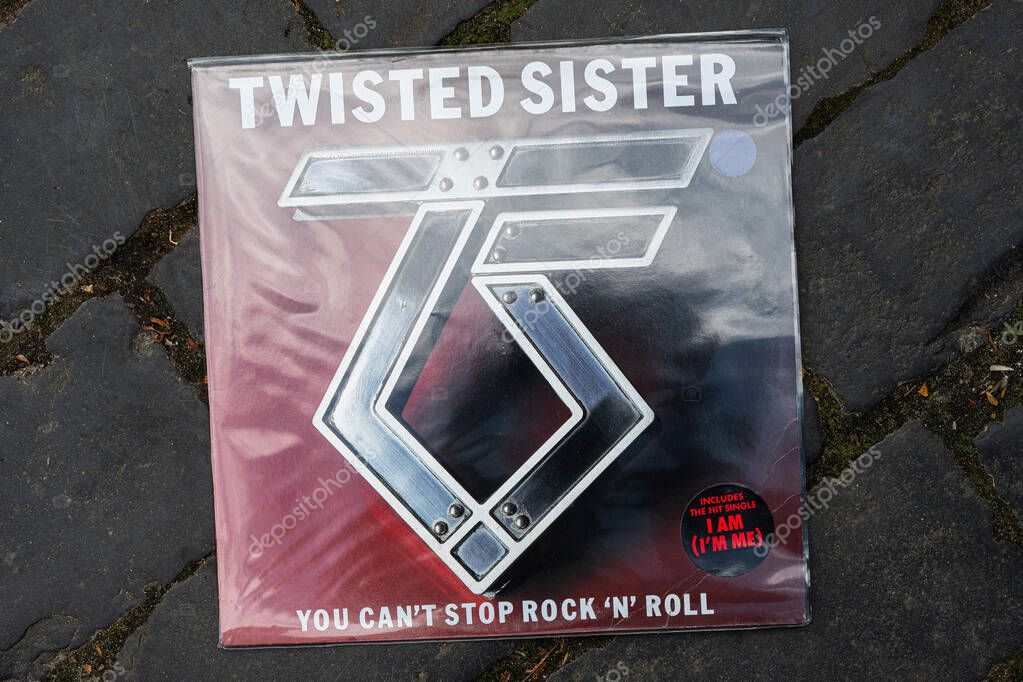 Lviv, Ukraine - May 13, 2025: Twisted Sister vinyl album You Can't Stop Rock 'n' Roll 1983 cover featuring the iconic heavy metal logo and title.