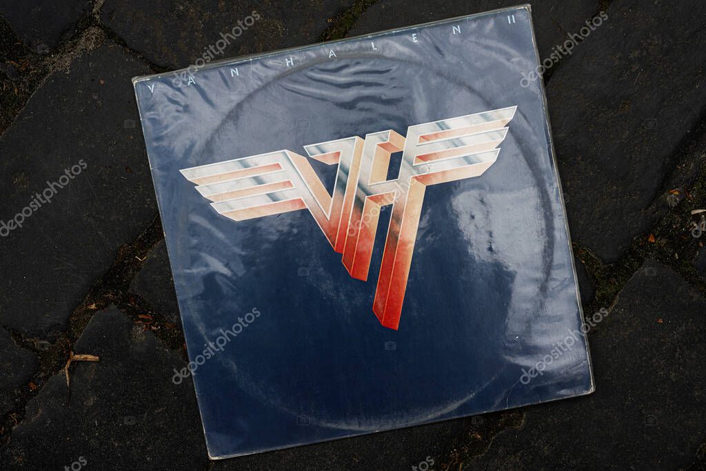 Lviv, Ukraine - May 13, 2025: Close-up of a Van Halen II vinyl record from 1979 on a stone surface