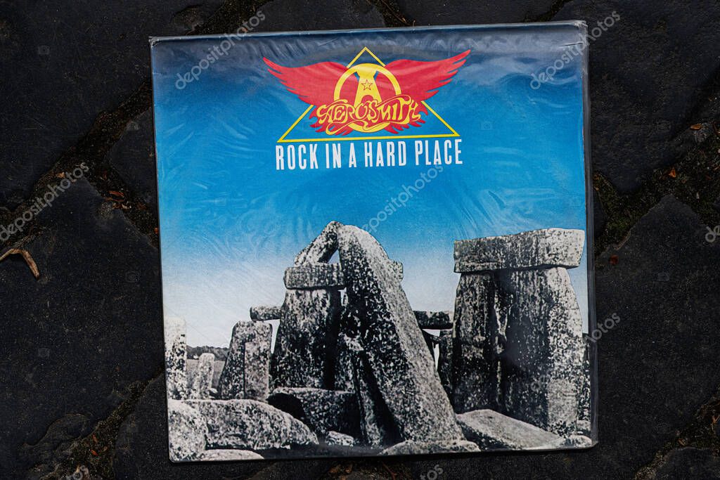 Lviv, Ukraine - May 13, 2025: Vinyl record displaying Aerosmith 1982 hard rock album, Rock in a Hard Place.