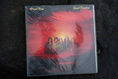Lviv, Ukrayna - 13 Mayıs 2025: 1973 tarihli klasik Uriah Heep vinil 'Sweet Freedom' koyu bir yüzeyde sergilendi.