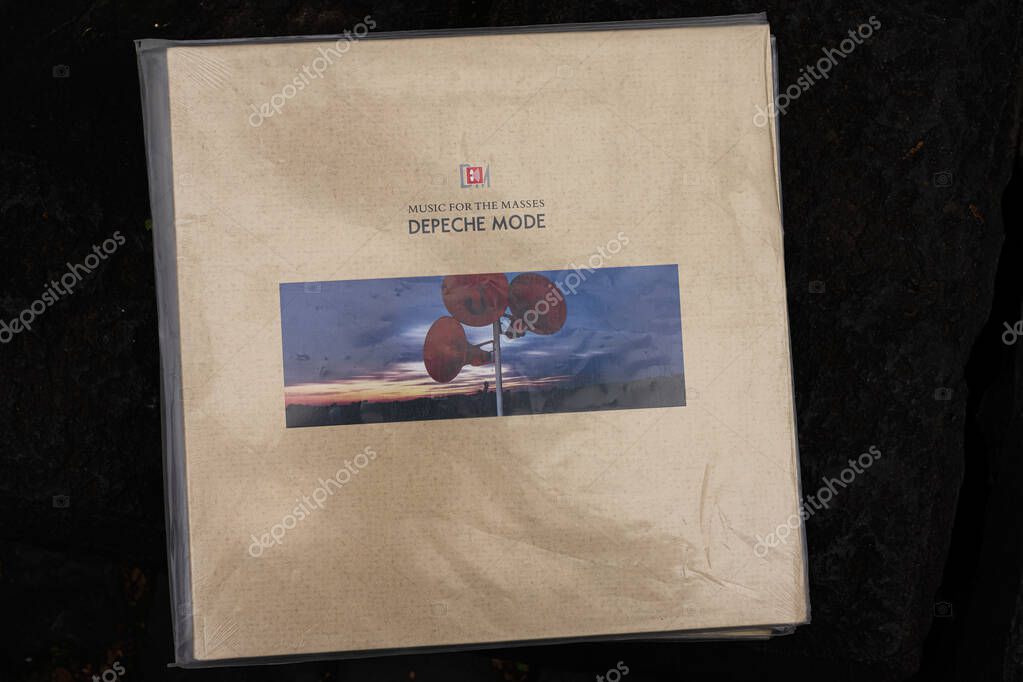 Lviv, Ukraine - May 13, 2025: Vinyl record of Depeche Mode's 1987 album 'Music for the Masses' on a dark background.