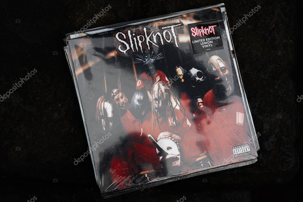 Lviv, Ukraine - May 13, 2025: Limited edition vinyl of Slipknot debut 1999 album featuring exclusive sealed packaging details.