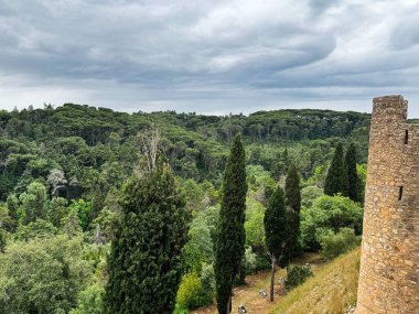 Tarihsel Tomar kalesi manzarası yeşilliği, yüksek ağaçları ve bulutlu hava ortamını vurguluyor