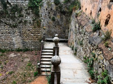 Portekiz 'deki Tomar Kalesi' nde taştan duvarlar ve bitki örtüsüyle çevrili tarihi bir merdiven.
