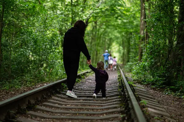 Bir ebeveyn ve küçük bir çocuk yeşil orman tren yolunda yürürken birbirlerine bağlanıyorlar..