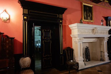 Zbarazh, Ukrayna - 30 Mayıs 2025: Süslü bir şömine ve antika dekorun yer aldığı zarif bir odanın ayrıntılı görünümü.