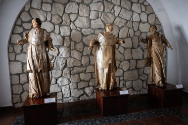 Zbarazh, Ukrayna - 30 Mayıs 2025: Ahşap oyma heykeller kapalı bir müzede taş bir duvara sergileniyor
