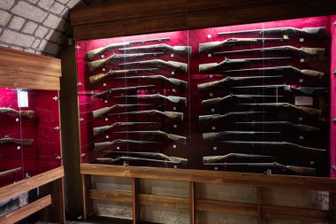 Zbarazh, Ukrayna - 30 Mayıs 2025: Aydınlatma ile cam bir vitrinde sergilenen tarihi tüfek koleksiyonu