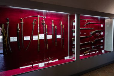 Zbarazh, Ukrayna - 30 Mayıs 2025: Güzel organize edilmiş bir müze sergisinde kırmızı kadife arka planda antik silahlar sergileniyor.