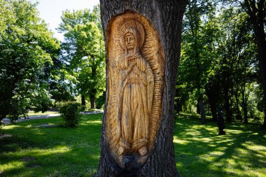 Zbarazh, Ukrayna - 30 Mayıs 2025: Huzurlu bir parktaki ağaçtaki dini bir figürü oyma