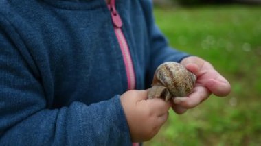 Küçük bir çocuk ellerinde bir salyangoz tutuyor..