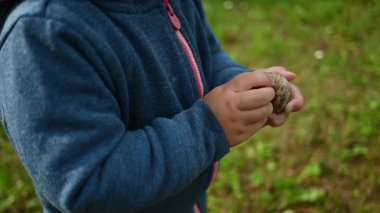 Küçük bir çocuk nazikçe elinde bir salyangoz tutuyor..