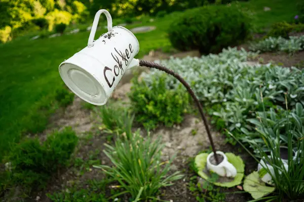 Canlı bir bahçe zemininde sanatsal olarak sergilenen bir kahve fincanının yaratıcı dekorasyonu.