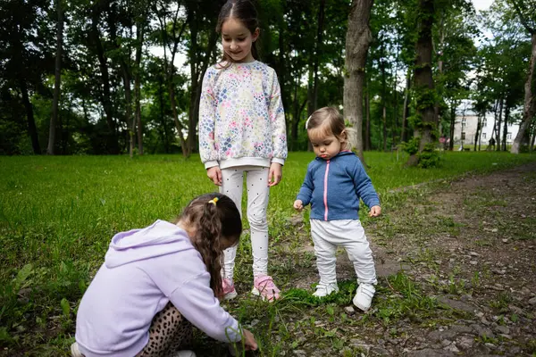 Üç çocuk birlikte dışarıda güzel yeşil bir park ortamında vakit geçiriyorlar.
