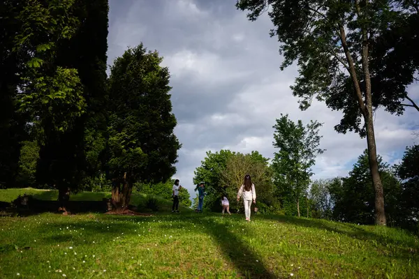 Açık havada, yemyeşil bir tepede yürüyen insanları gösteren rahatlatıcı bir an..
