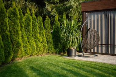 Bereketli yeşil bahçe sahnesinde ağaçlar, rahatlatıcı bir sandalye ve açık hava dekorasyonu var.