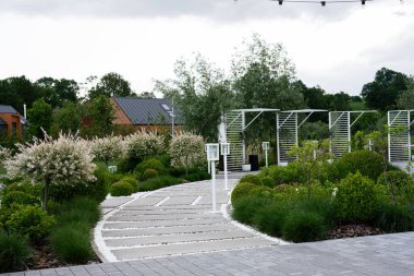 Bereketli bitki örtüsü ve çağdaş tasarım elementlerinin sergilendiği sakin bir bahçe..