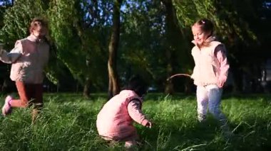 Mutlu genç kızlar güneşli, yeşil bir park ortamında sopayla eğleniyor..