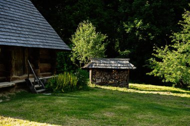 Yığılmış bir odun yığınının yanında, yeşilliklerle çevrili geleneksel bir ahşap kulübe..