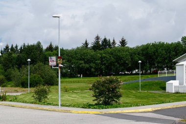 Reykjavik, İzlanda - 5 Temmuz 2025: Yeşillik, lamba direkleri ve Reykjavik, İzlanda 'da bulutlu bir gökyüzü bulunan park alanı.