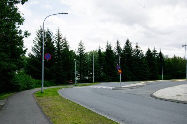Reykjavik, İzlanda 'da yemyeşil ağaçlar ve park yasağı işaretleri olan banliyö kavşağı