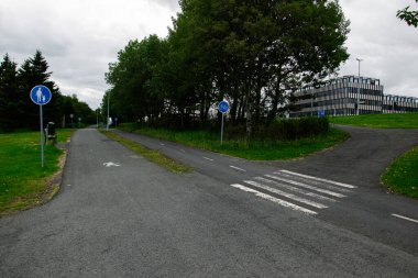 Reykjavik, İzlanda 'da halka açık bir parkta ağaçlar ve işaretli bisiklet yolu