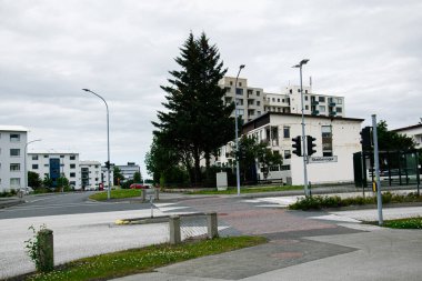 Reykjavik İzlanda 'da binalar, trafik ışıkları ve ağaçlarla kesişen şehir manzarası.