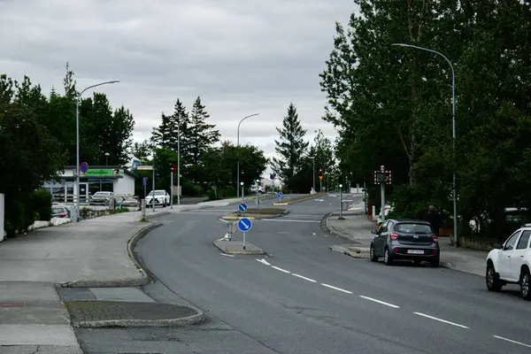 Reykjavik, İzlanda - 12 Temmuz 2025: Reykjavik, İzlanda 'da şehir caddesi park halindeki arabalar, yeşillikler ve bulutlu gökyüzü