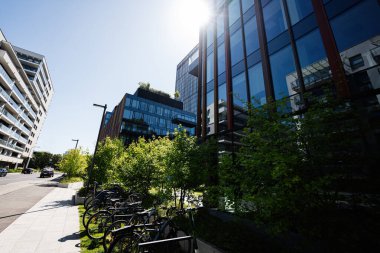 Günışığı altında cam mimari, bisiklet ve ağaçların yer aldığı çağdaş şehir caddesi