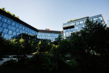 Güneşli bir günde, cam duvarları ve yeşil manzaralı çağdaş bina cephesi