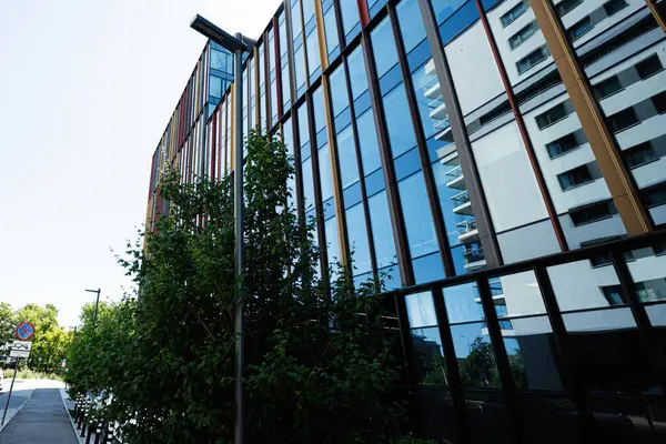 Çağdaş cam panelli yapılar yeşil ve araçları olan sakin bir şehir sokağının yanında..