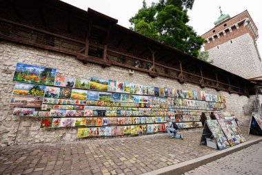 Krakow, Polonya - 8 Temmuz 2025: Krakow 'da renkli resimlerin yer aldığı canlı açık hava sanat sergisi