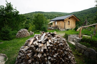 Yığılmış kütüklerle yeşilliklerin arasında, sakin bir açık hava ortamı yaratan tuhaf bir ahşap kulübe..