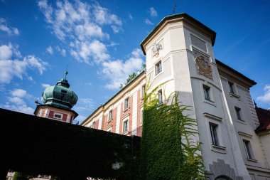 Polonya 'nın Lancut şehrinde sarmaşık kaplı klasik binalar mavi gökyüzüne karşı dizildi