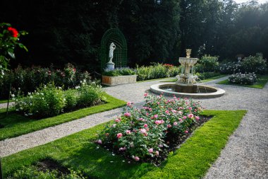 Canlı güller, heykel ve Polonya 'nın Lancut şehrinde bir çeşme içeren büyüleyici bir bahçe.