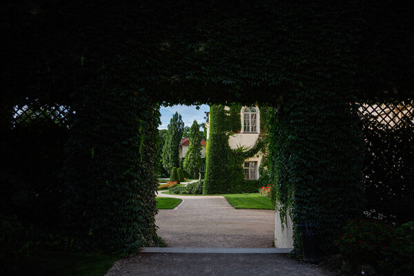 Vivid greenery frames a picturesque pathway leading to an elegant courtyard in Lancut.