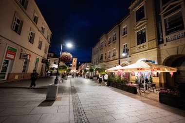Rzeszow, Polonya - 22 Ağustos 2025: Rzeszow, Polonya 'da aydınlık caddeler, antika kafeler ve mimari cazibe sergilenen şehir manzarası.