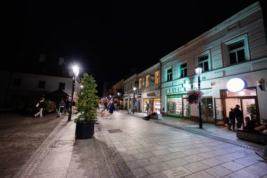 Rzeszow, Polonya - 22 Ağustos 2025: Rzeszow Polonya 'da dükkanları ve sokak lambaları olan bir sokak sahnesi