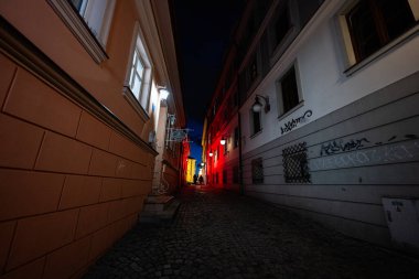 Rzeszow, Polonya - 22 Ağustos 2025: Rzeszow, Polonya 'da tarihi ara sokak, gece boyunca renkli ışıklarla aydınlatılmış.