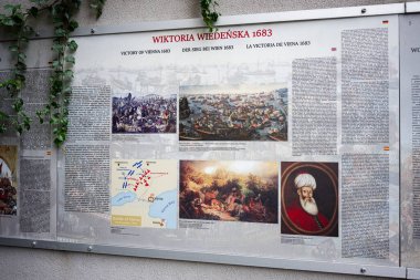 Przemysl, Polonya - 23 Ağustos 2025: Przemysl, Polonya 'da tarihi savaş görselleri ve haritalarını gösteren eğitim paneli. Sahtekar Mustafa. 