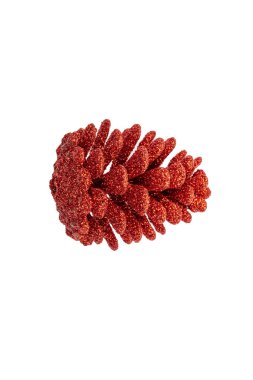 Noel ağacı dekorasyonunun beyaz arka planında izole edilmiş simli kırmızı ananasın yakın plan fotoğrafı.