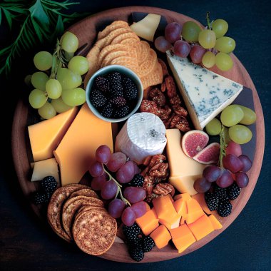 Cheese and Fruit Board from a Bird's Eye View, generated by AI