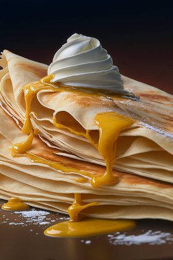 Kremalı krep ve erimiş karamel.