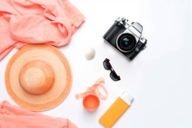 Kamera şapkalı deniz kabukları ve deniz yıldızlarının izole edilmiş arkaplandaki en iyi görüntüsü..