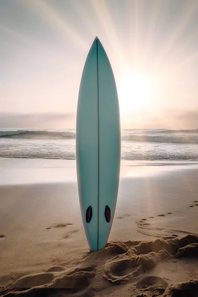 a surfboard stuck in the sand on a beach.