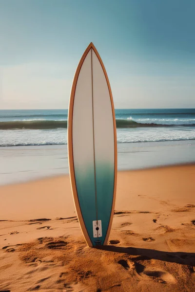 surfboard stuck in the beach sand.