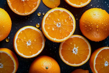 Taze portakallar pırıl pırıl su damlacıklarıyla süslenmiş.