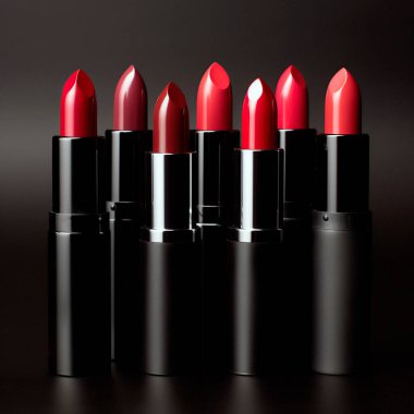 Kırmızı ve doğal renklerde ruj seti, stüdyo fotoğrafı.